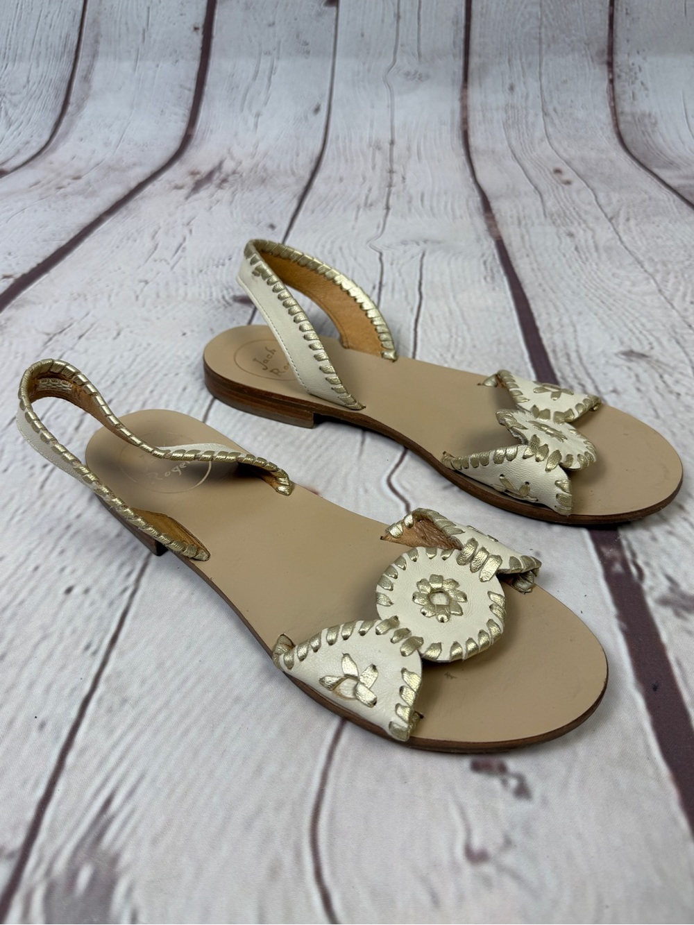 JACK ROGERS Liliana beige & gold leather flat boho slingback sandals, size 7